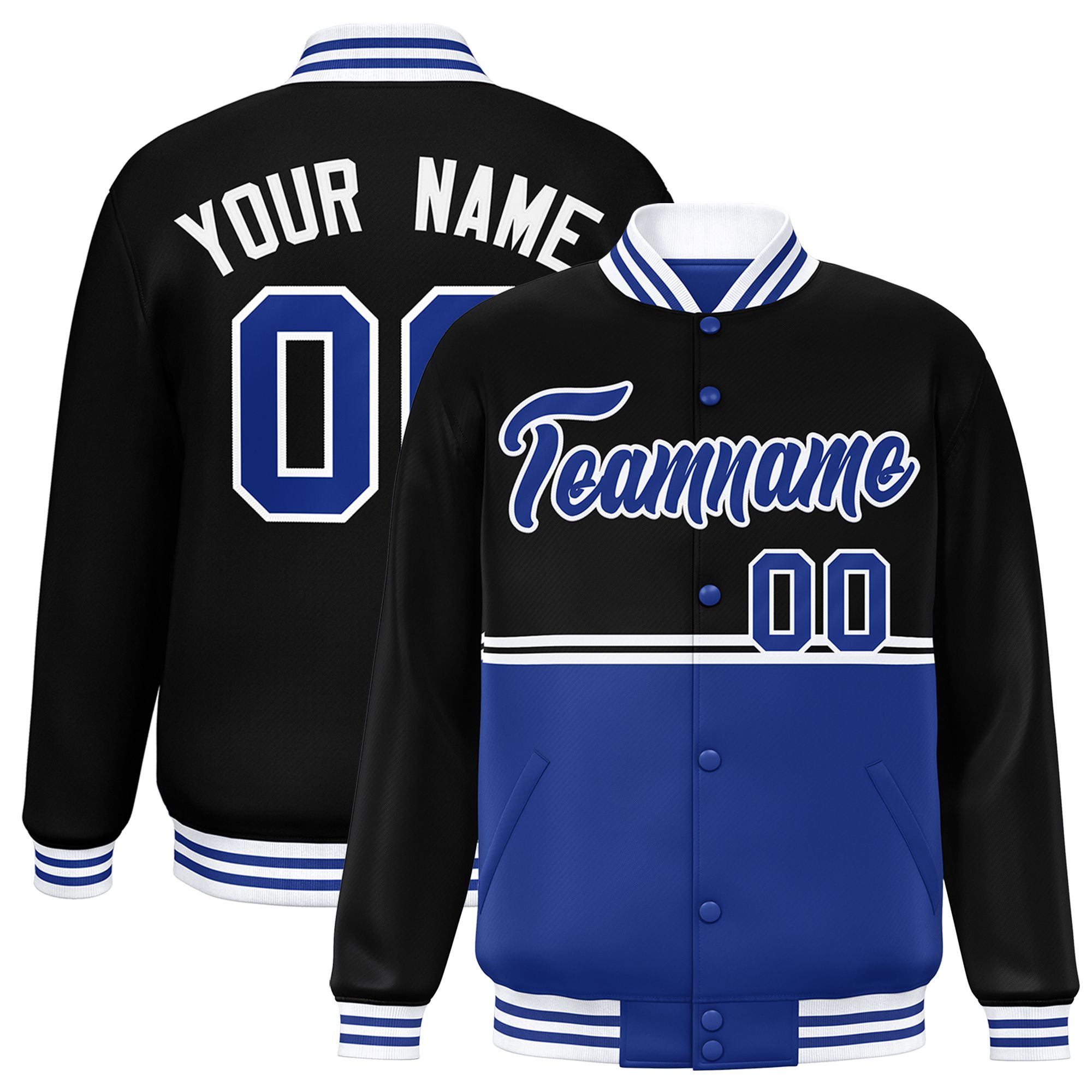 Custom Black Royal Varsity Full-Snap Color Block Letterman Jacket