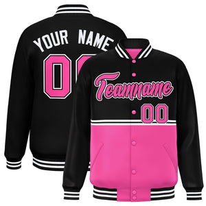 Custom Black Pink Varsity Full-Snap Color Block Letterman Jacket