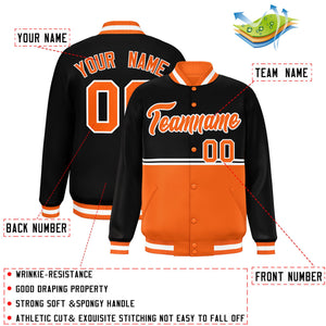 Custom Black Orange Varsity Full-Snap Color Block Letterman Jacket