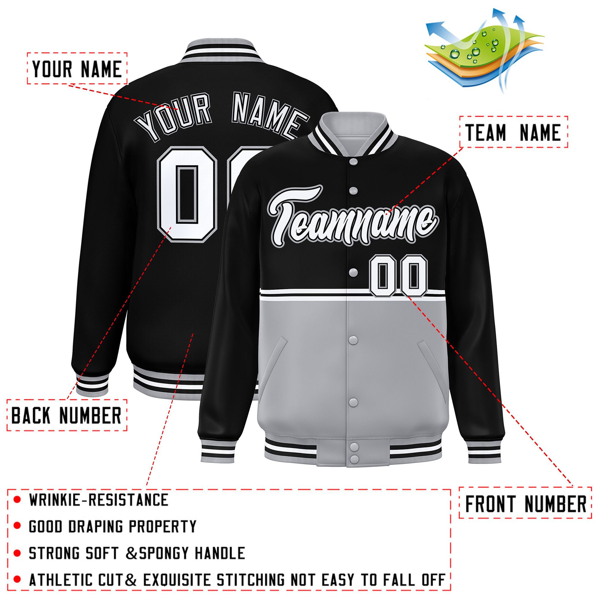 Custom Black Gray Varsity Full-Snap Color Block Letterman Jacket