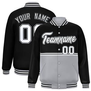 Custom Black Gray Varsity Full-Snap Color Block Letterman Jacket