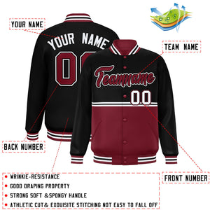 Custom Black Crimson Varsity Full-Snap Color Block Letterman Jacket