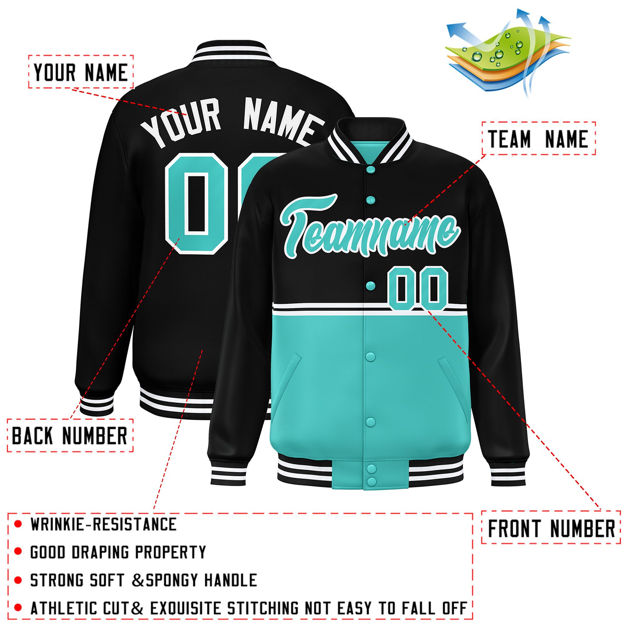 Custom Black Bright Green Varsity Full-Snap Color Block Letterman Jacket