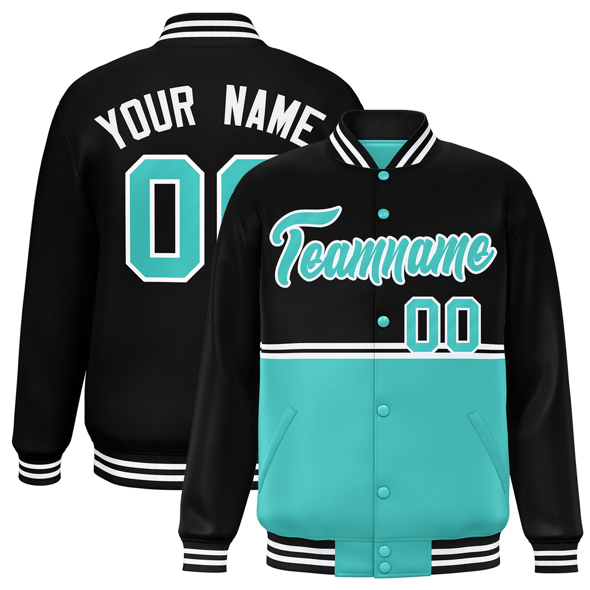 Custom Black Bright Green Varsity Full-Snap Color Block Letterman Jacket