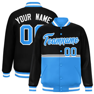 Custom Black Powder Blue Varsity Full-Snap Color Block Letterman Jacket