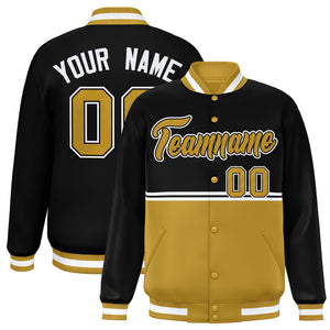 Custom Black Old Gold Varsity Full-Snap Color Block Letterman Jacket