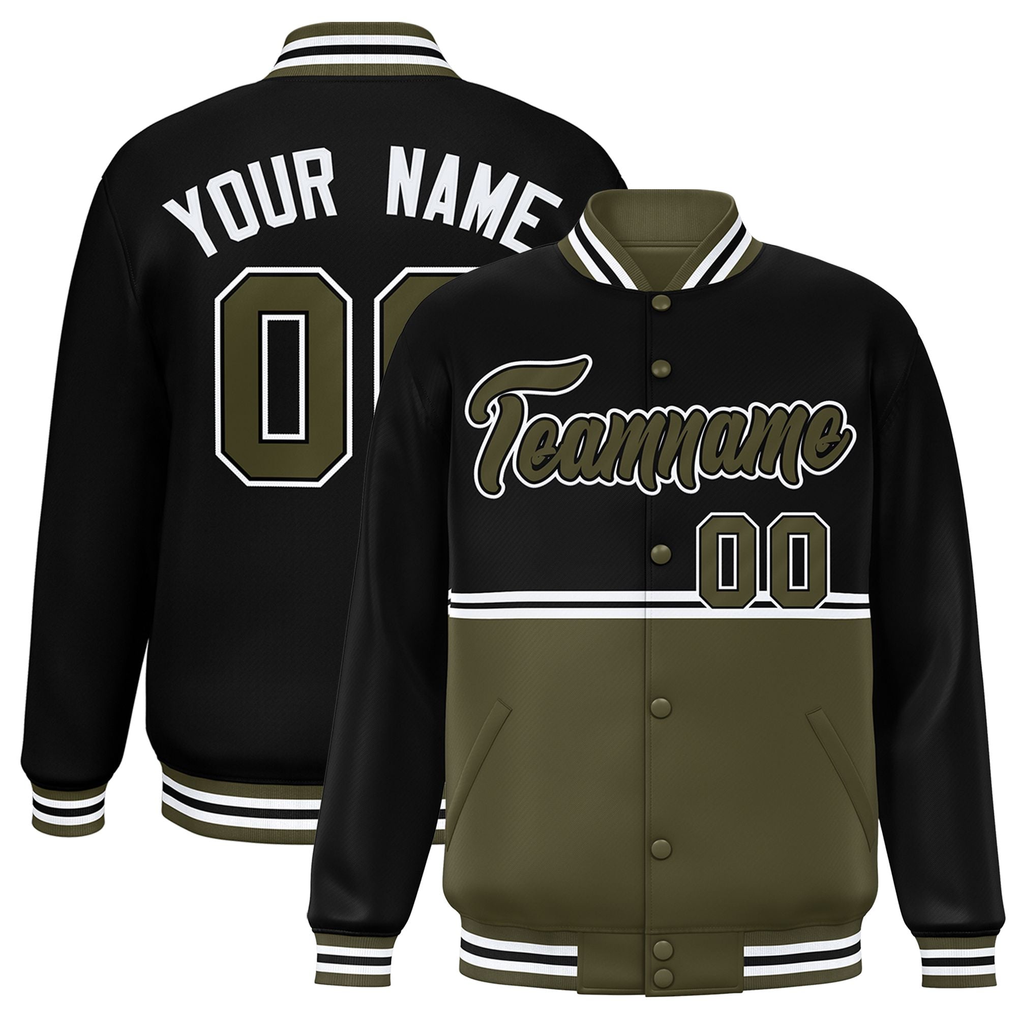 Custom Black Olive Varsity Full-Snap Color Block Letterman Jacket