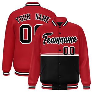 Custom Red Black Varsity Full-Snap Color Block Letterman Jacket