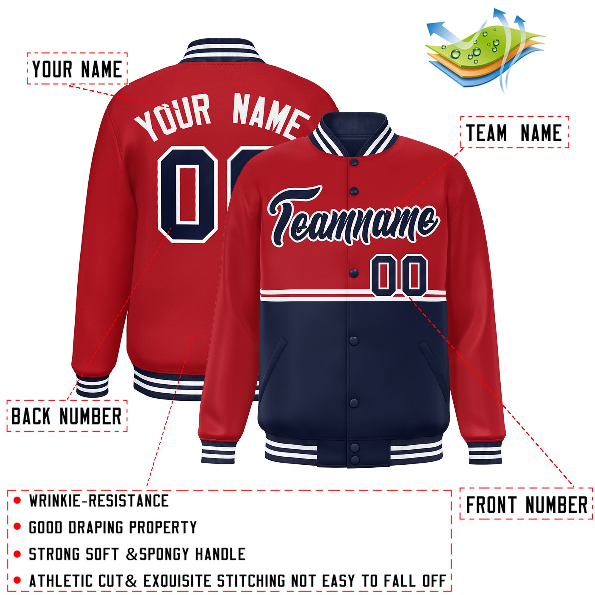 Custom Red Navy Varsity Full-Snap Color Block Letterman Jacket