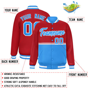 Custom Red Powder Blue Varsity Full-Snap Color Block Letterman Jacket