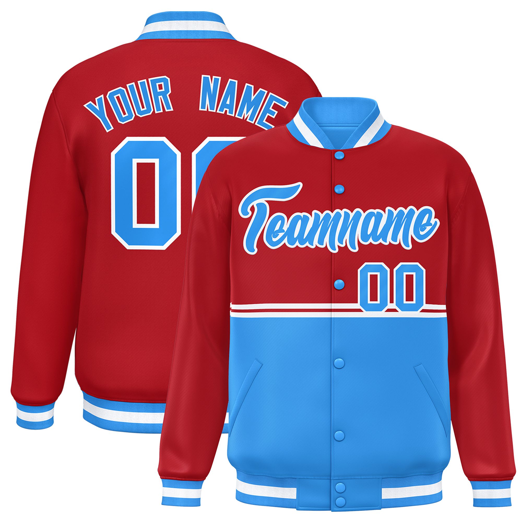 Custom Red Powder Blue Varsity Full-Snap Color Block Letterman Jacket