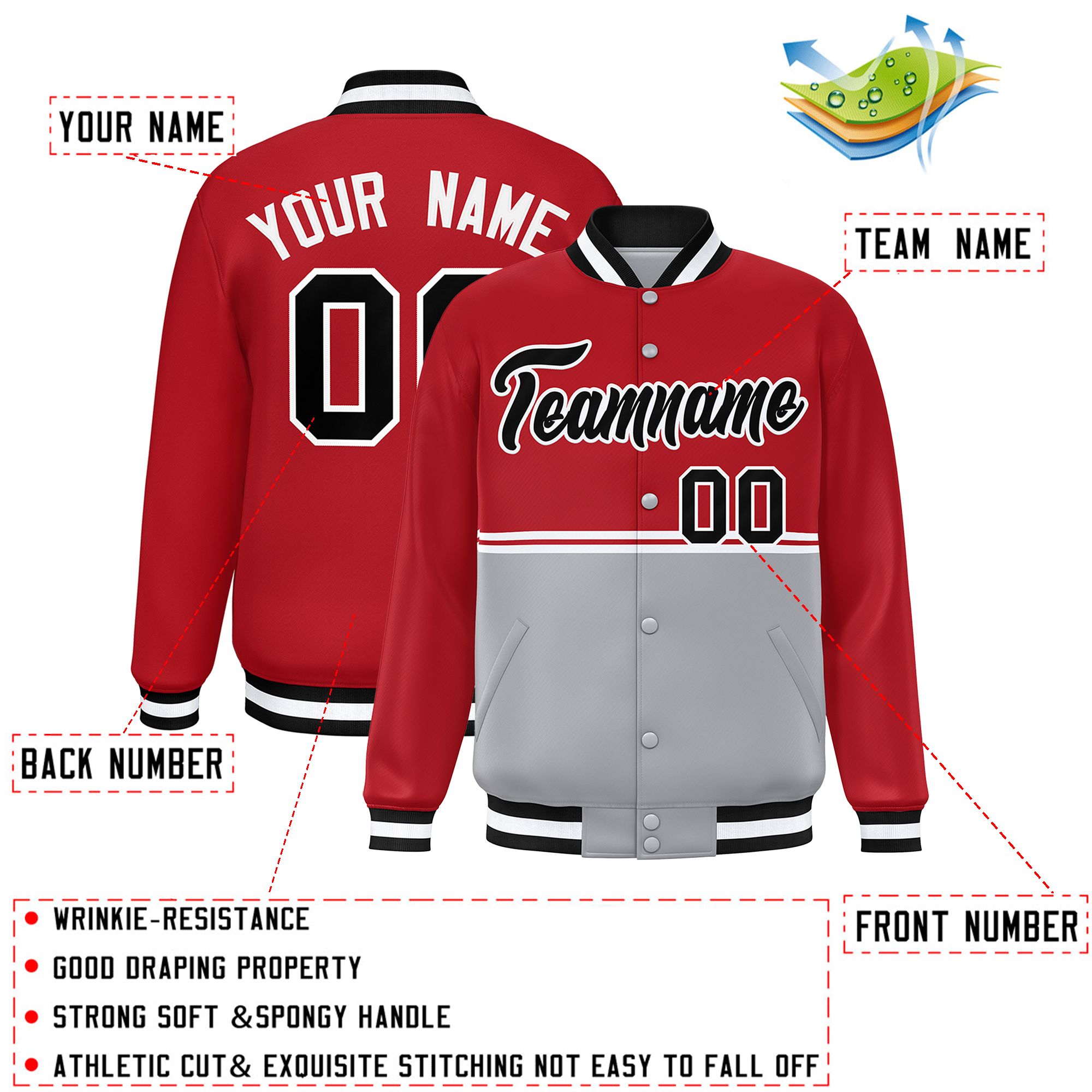 Custom Red Gray Varsity Full-Snap Color Block Letterman Jacket