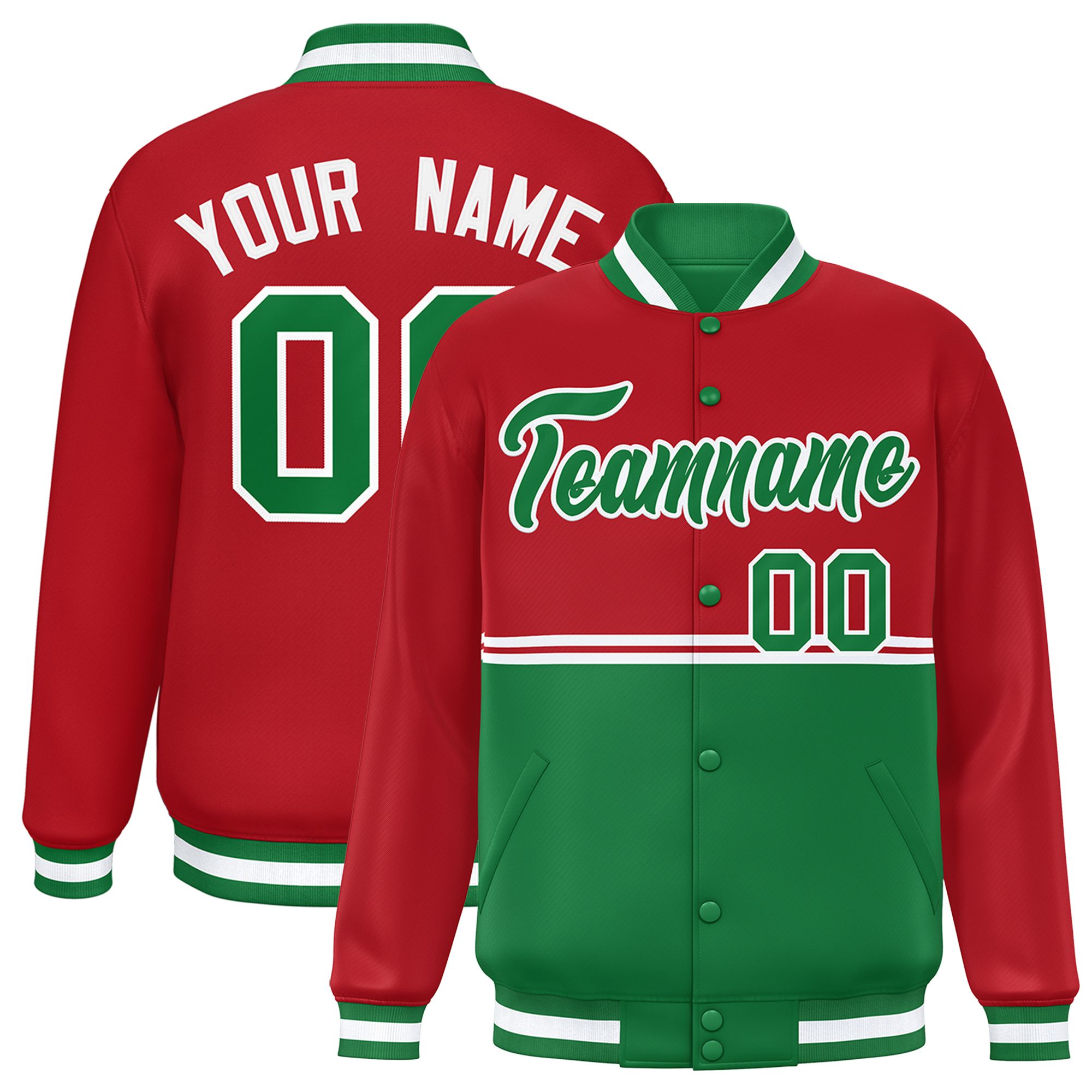 Custom Red Kelly Green Varsity Full-Snap Color Block Letterman Jacket