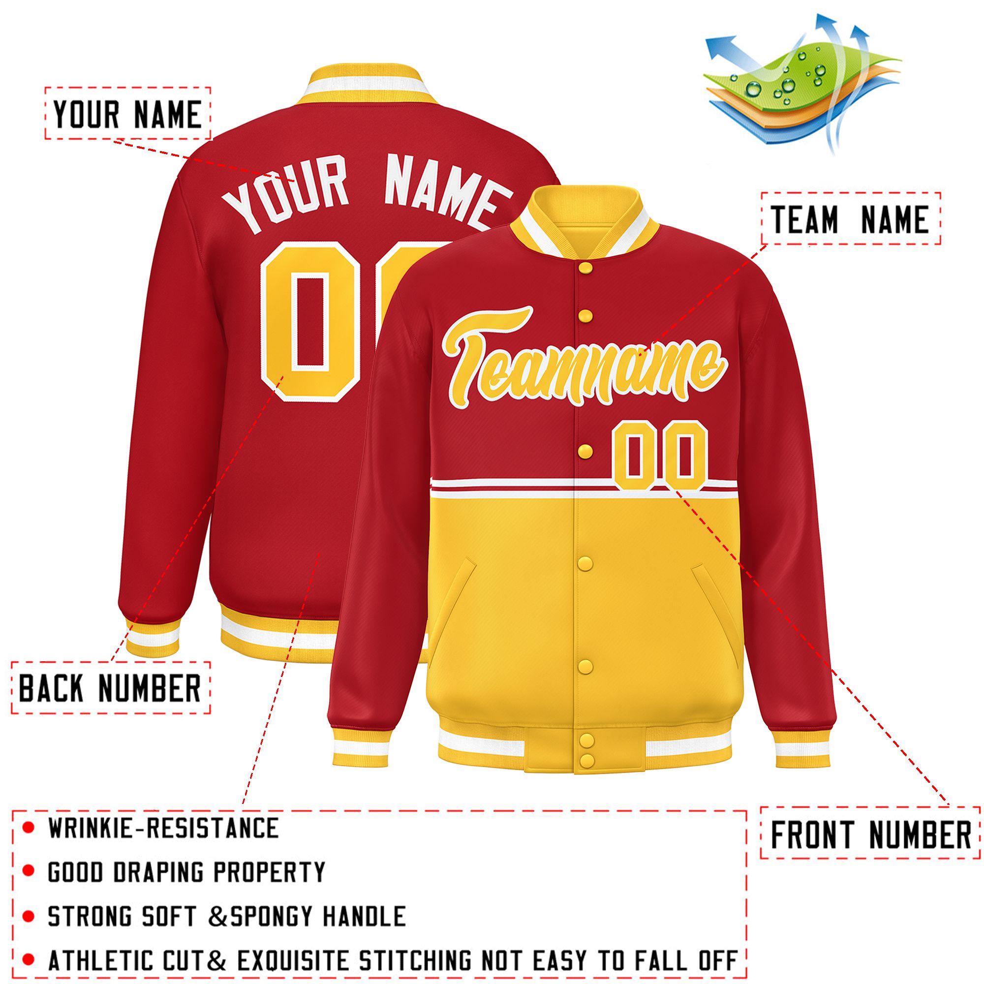 Custom Red Gold Varsity Full-Snap Color Block Letterman Jacket