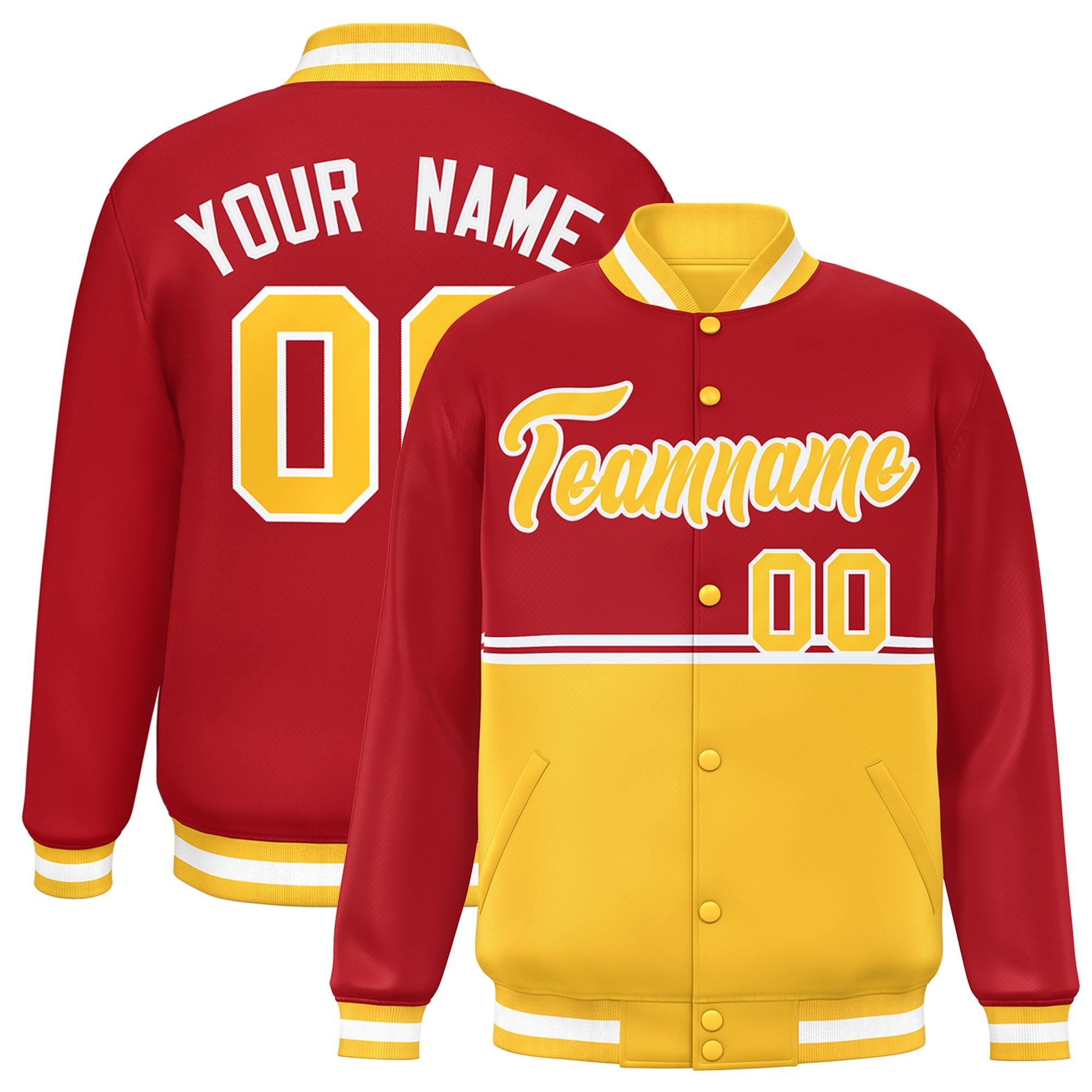 Custom Red Gold Varsity Full-Snap Color Block Letterman Jacket