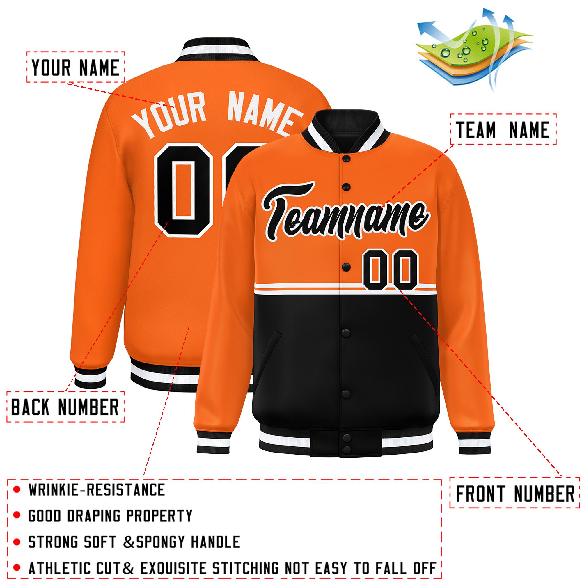 Custom Orange Black Varsity Full-Snap Color Block Letterman Jacket