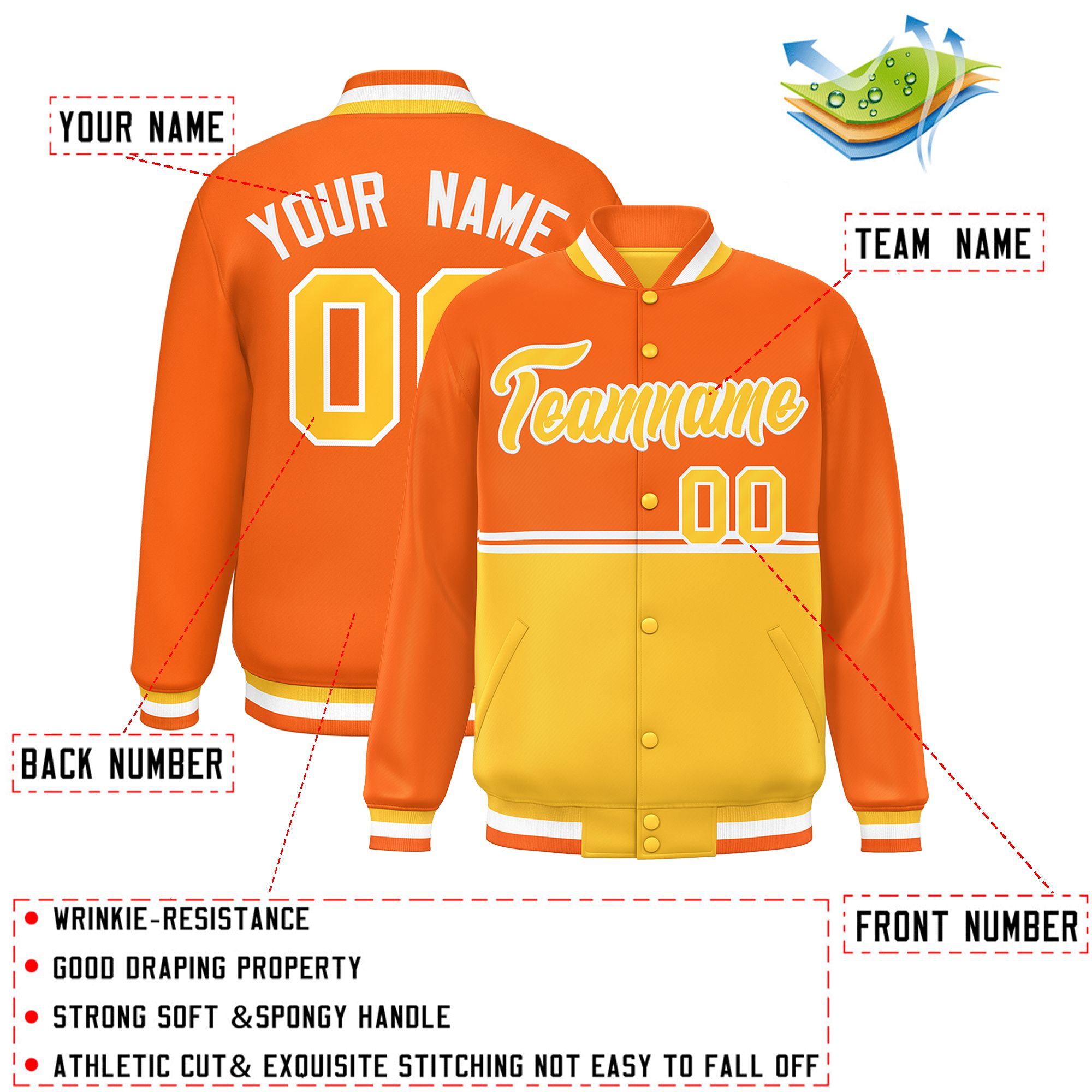 Custom Orange Gold Varsity Full-Snap Color Block Letterman Jacket