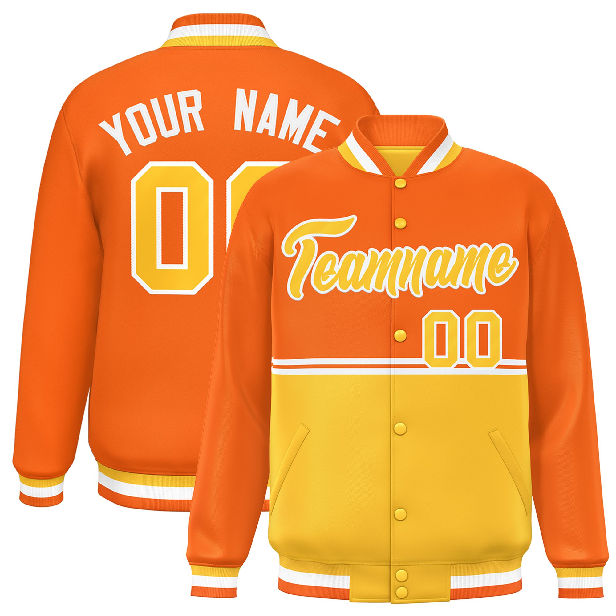 Custom Orange Gold Varsity Full-Snap Color Block Letterman Jacket