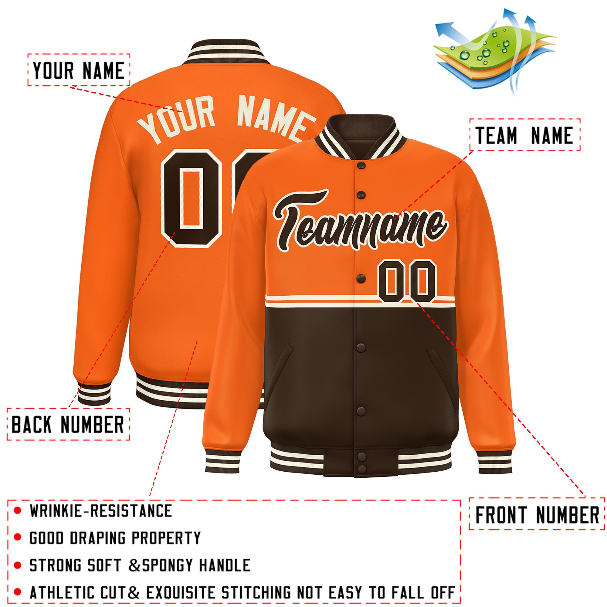 Custom Orange Brown Varsity Full-Snap Color Block Letterman Jacket