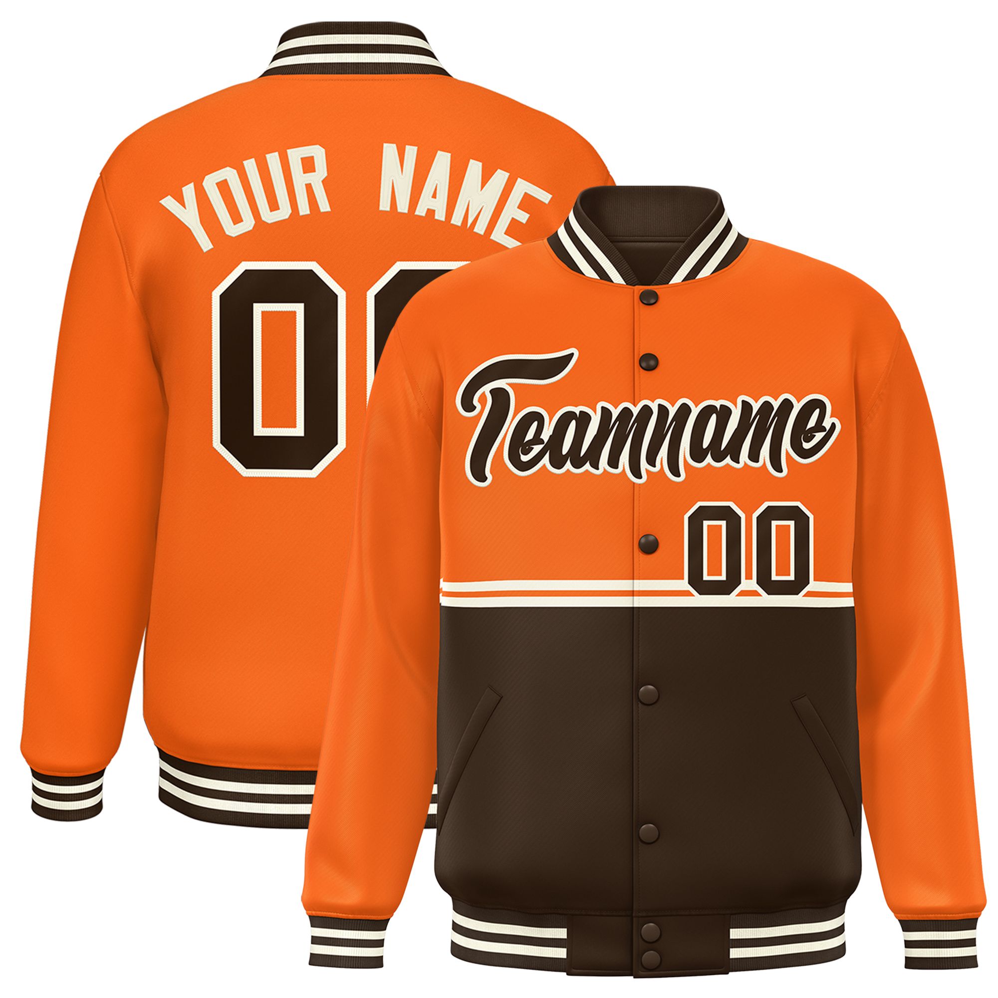 Custom Orange Brown Varsity Full-Snap Color Block Letterman Jacket