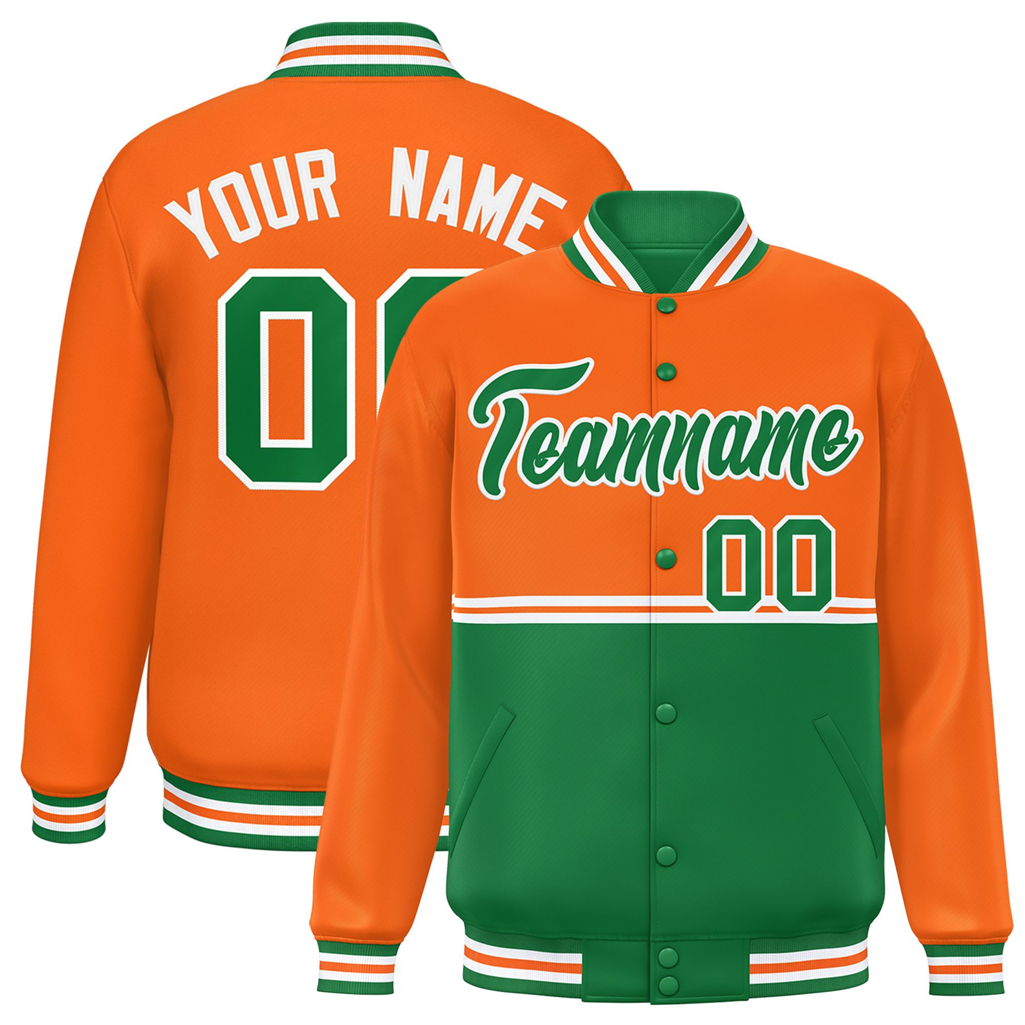 Custom Orange Kelly Green Varsity Full-Snap Color Block Letterman Jacket