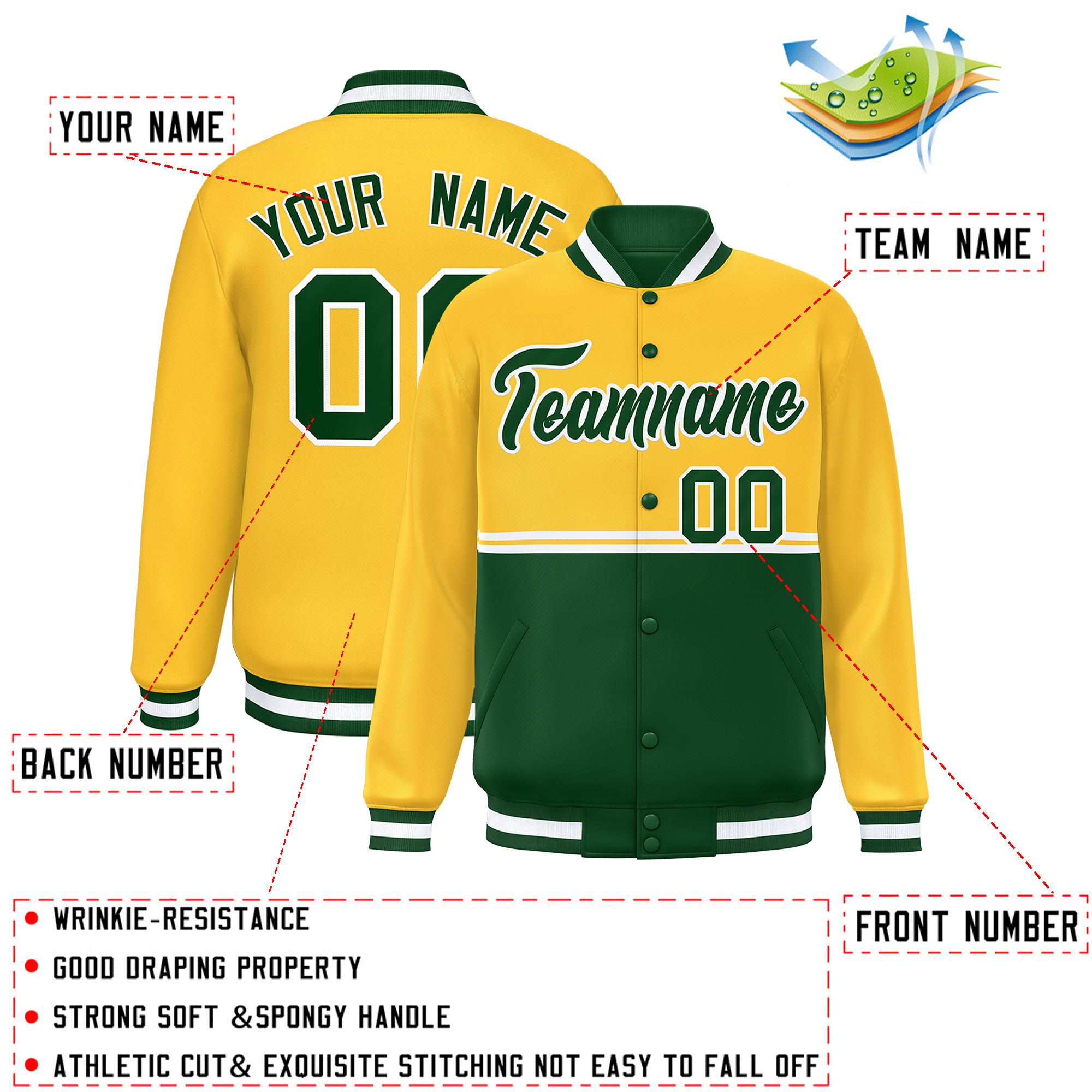 Custom Gold Green Varsity Full-Snap Color Block Letterman Jacket