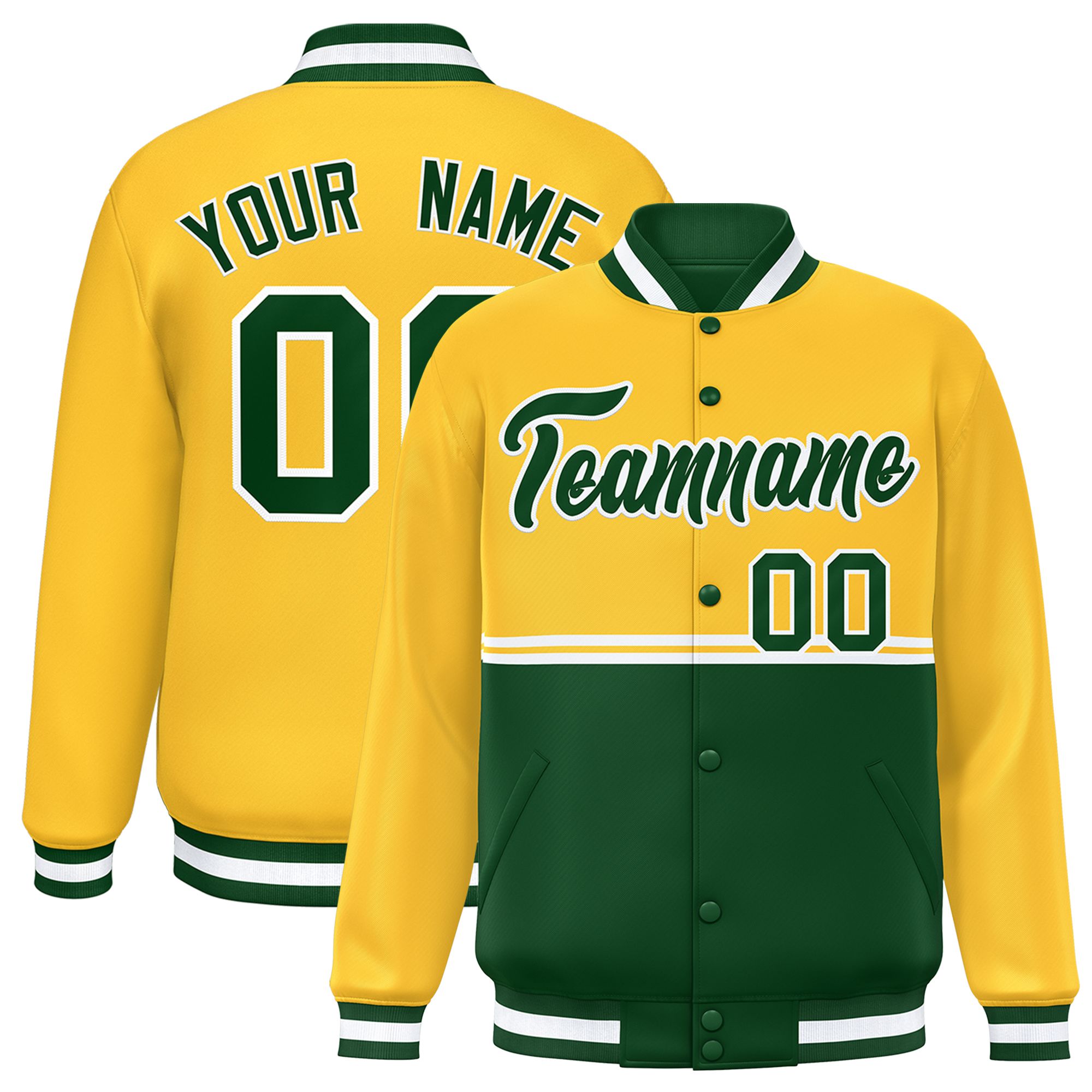 Custom Gold Green Varsity Full-Snap Color Block Letterman Jacket