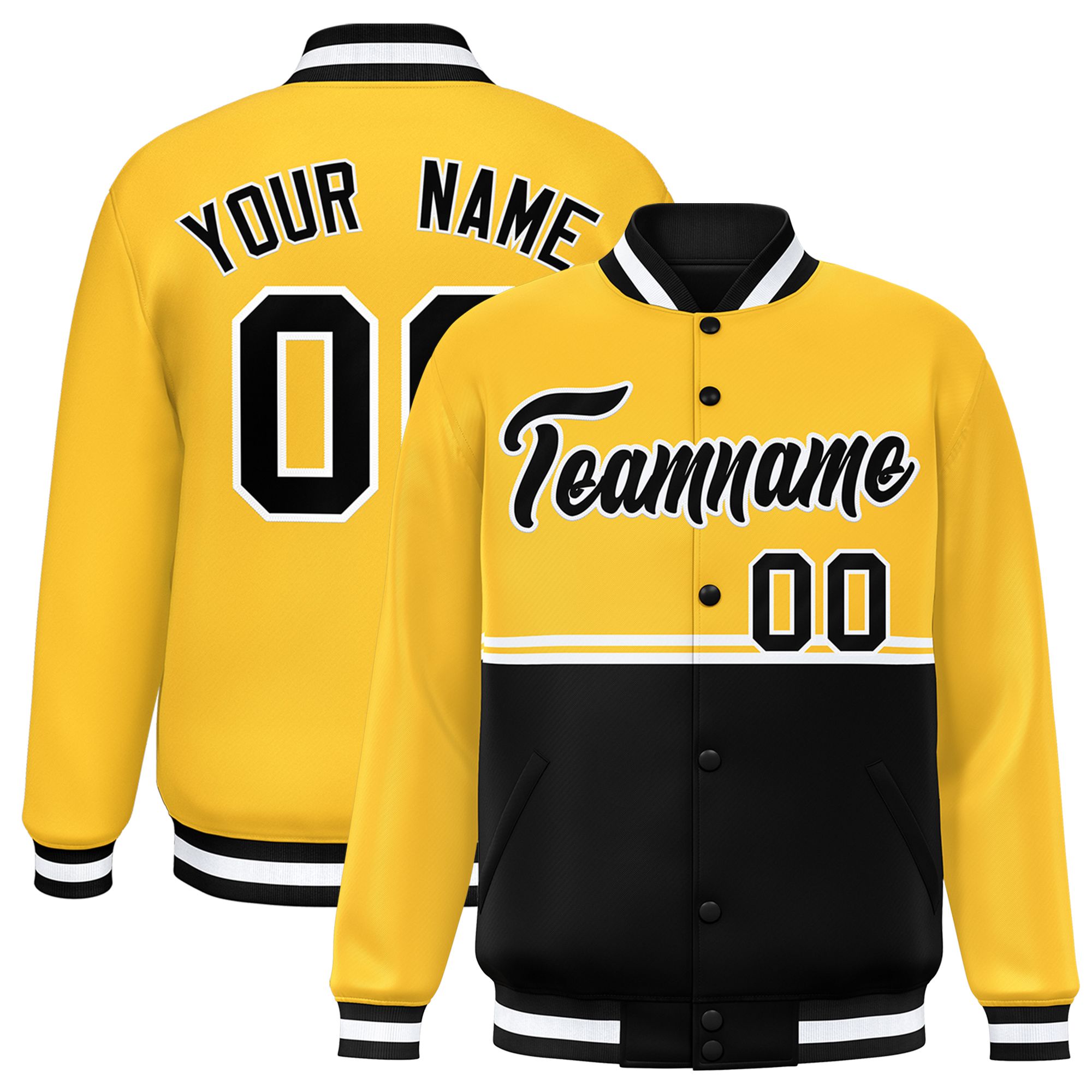 Custom Gold Black Varsity Full-Snap Color Block Letterman Jacket