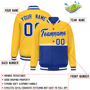 Custom Gold Royal Varsity Full-Snap Color Block Letterman Jacket