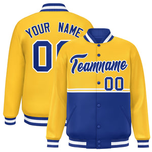 Custom Gold Royal Varsity Full-Snap Color Block Letterman Jacket