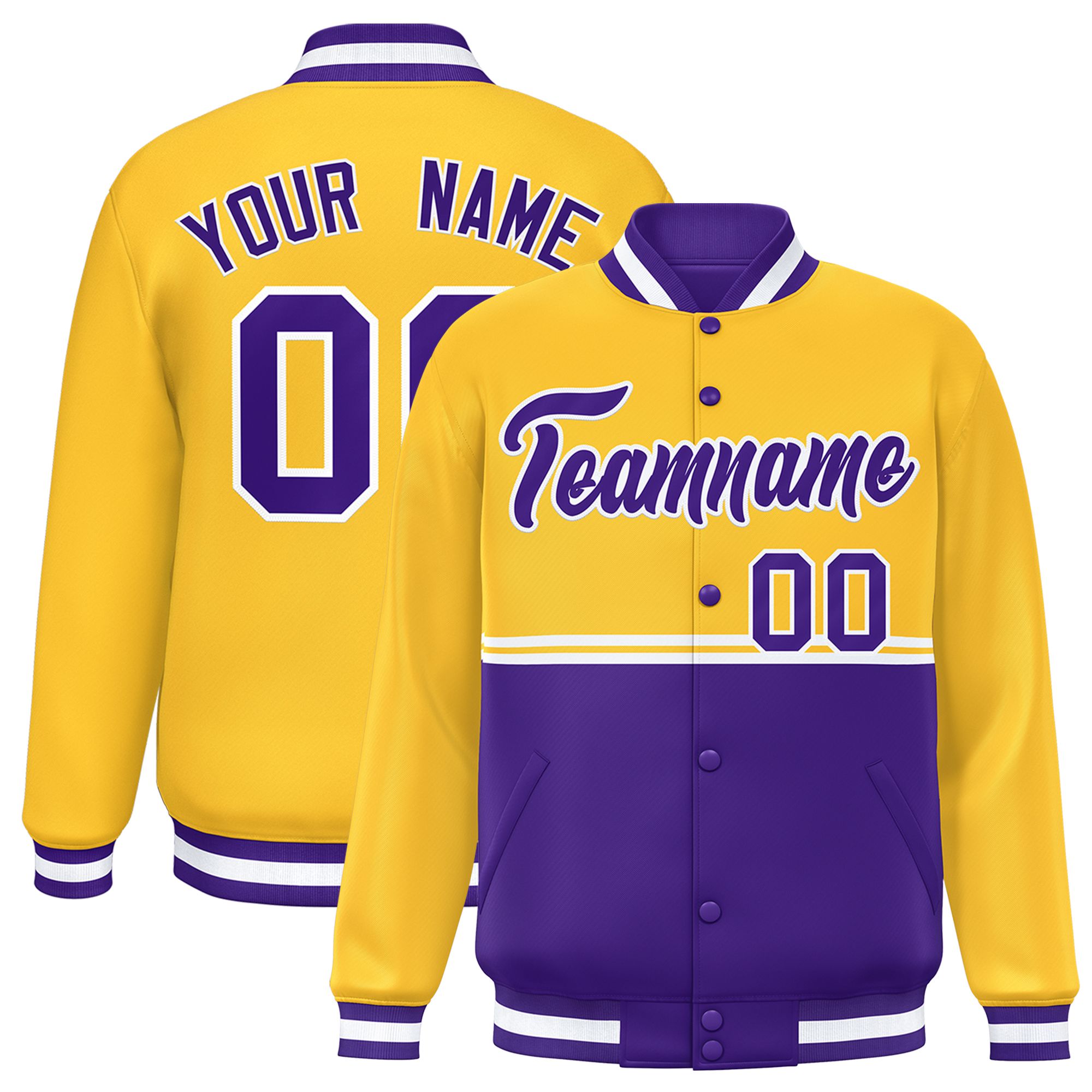 Custom Gold Purple Varsity Full-Snap Color Block Letterman Jacket