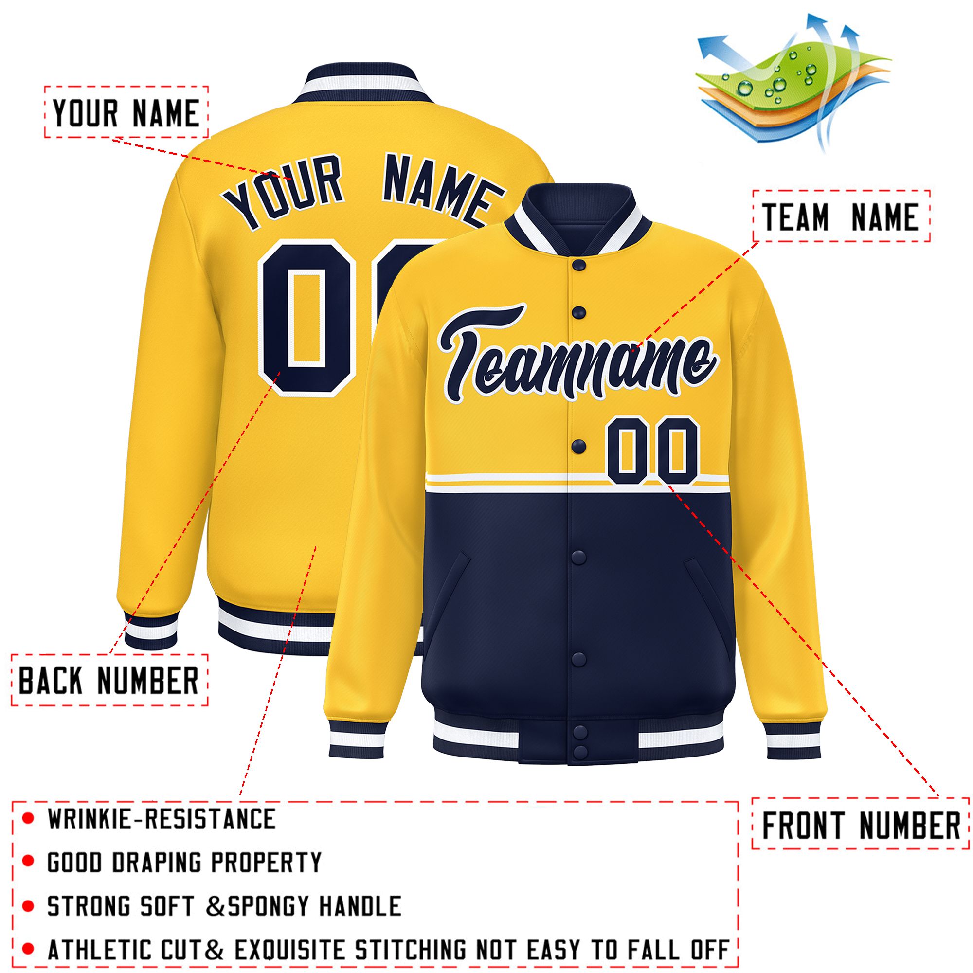 Custom Gold Navy Varsity Full-Snap Color Block Letterman Jacket