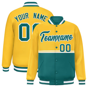 Custom Gold Aqua Varsity Full-Snap Color Block Letterman Jacket