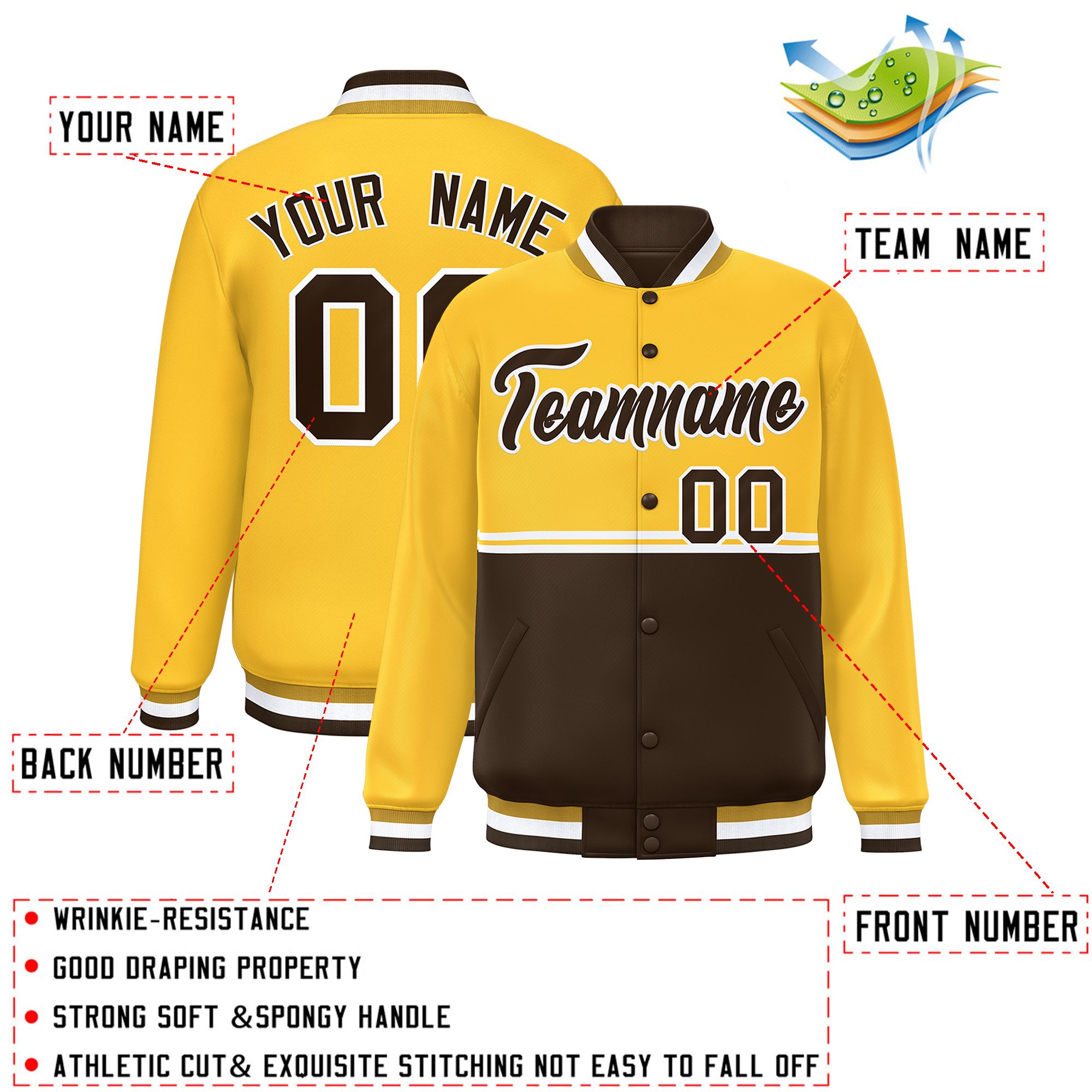 Custom Gold Brown Varsity Full-Snap Color Block Letterman Jacket