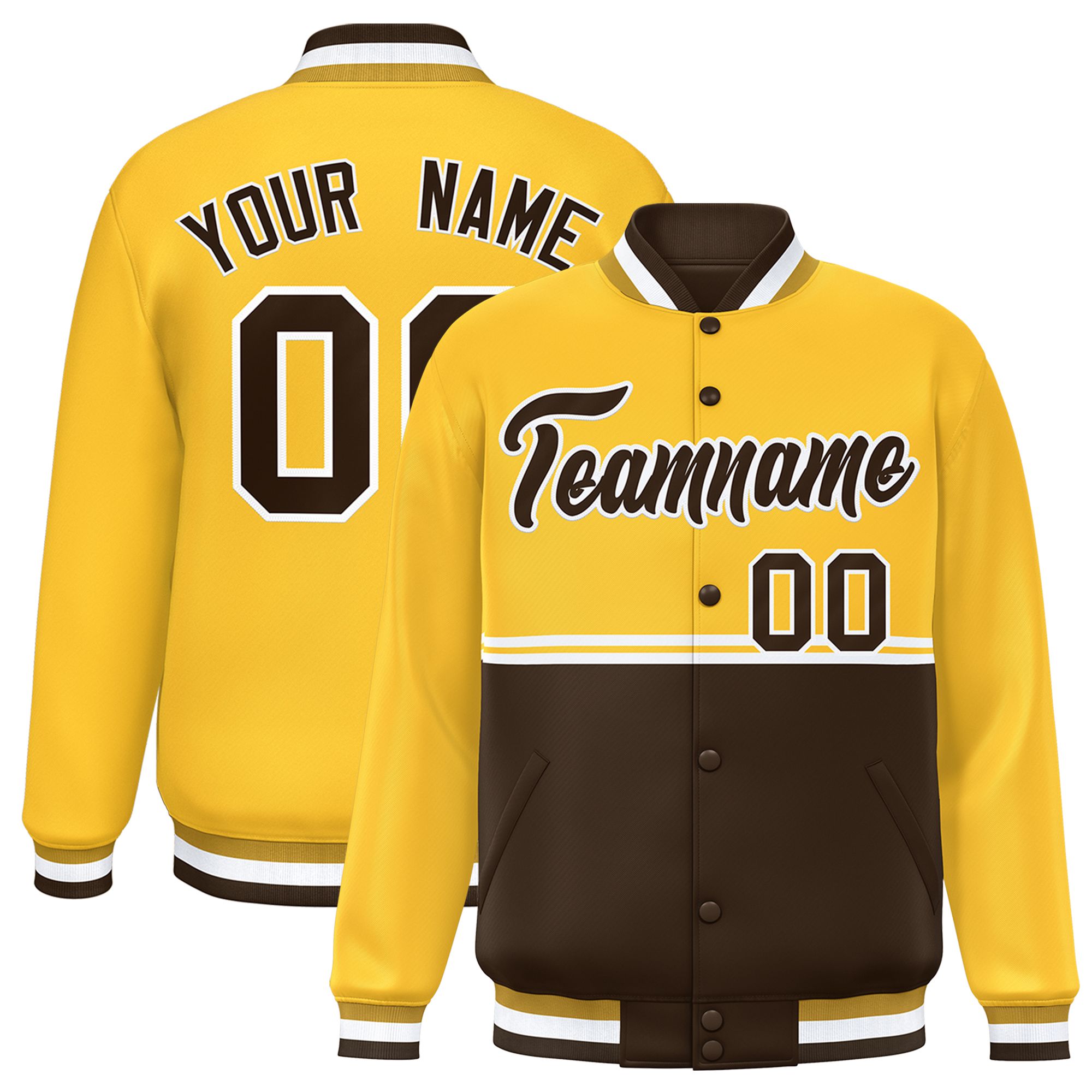 Custom Gold Brown Varsity Full-Snap Color Block Letterman Jacket