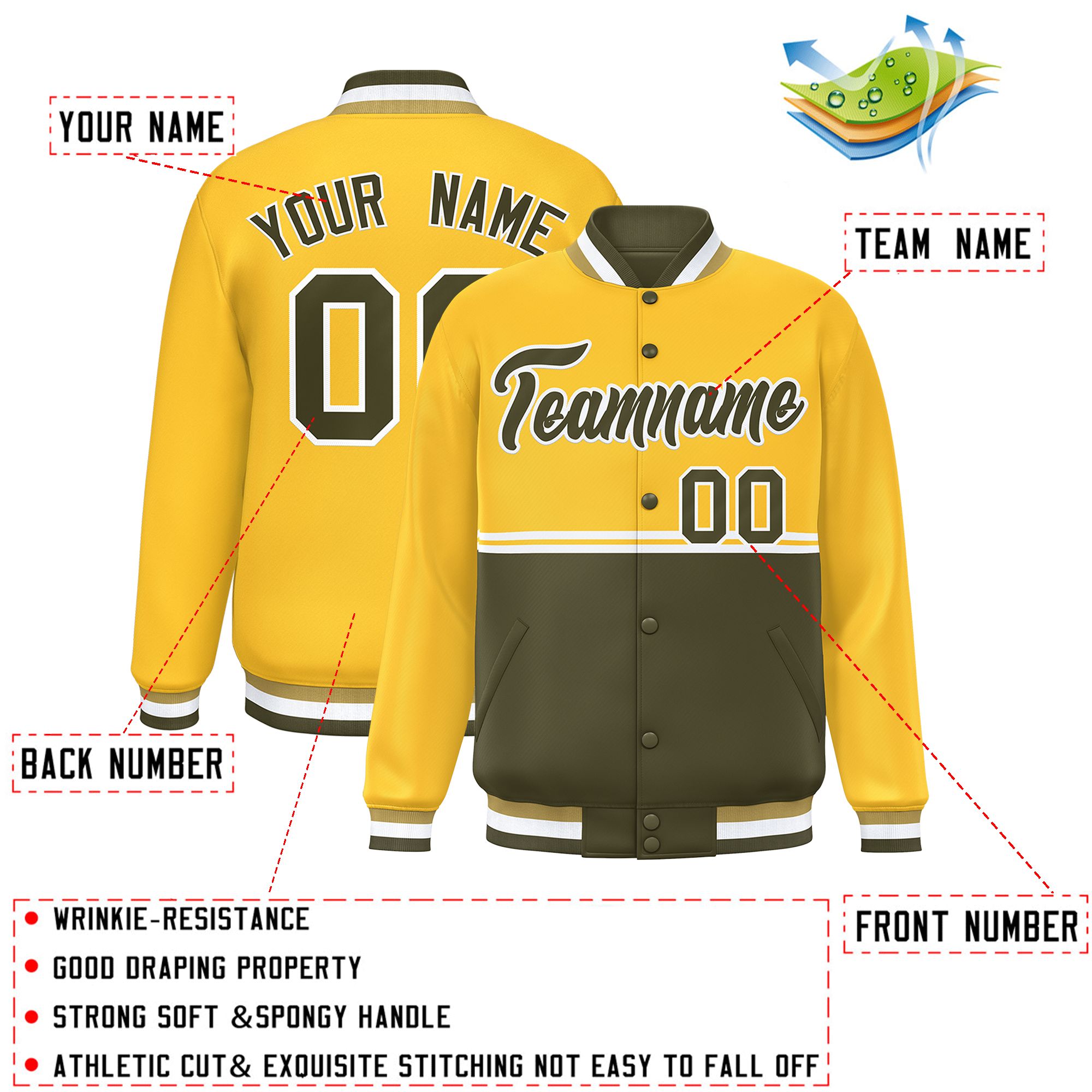 Custom Gold Olive Varsity Full-Snap Color Block Letterman Jacket