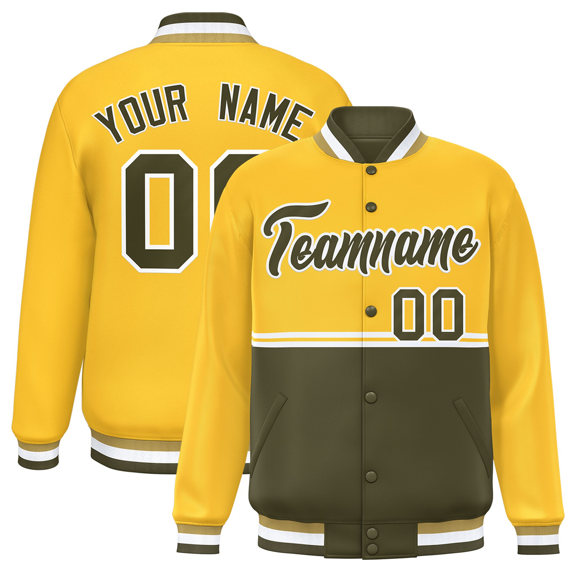 Custom Gold Olive Varsity Full-Snap Color Block Letterman Jacket