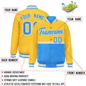 Custom Gold Powder Blue Varsity Full-Snap Color Block Letterman Jacket