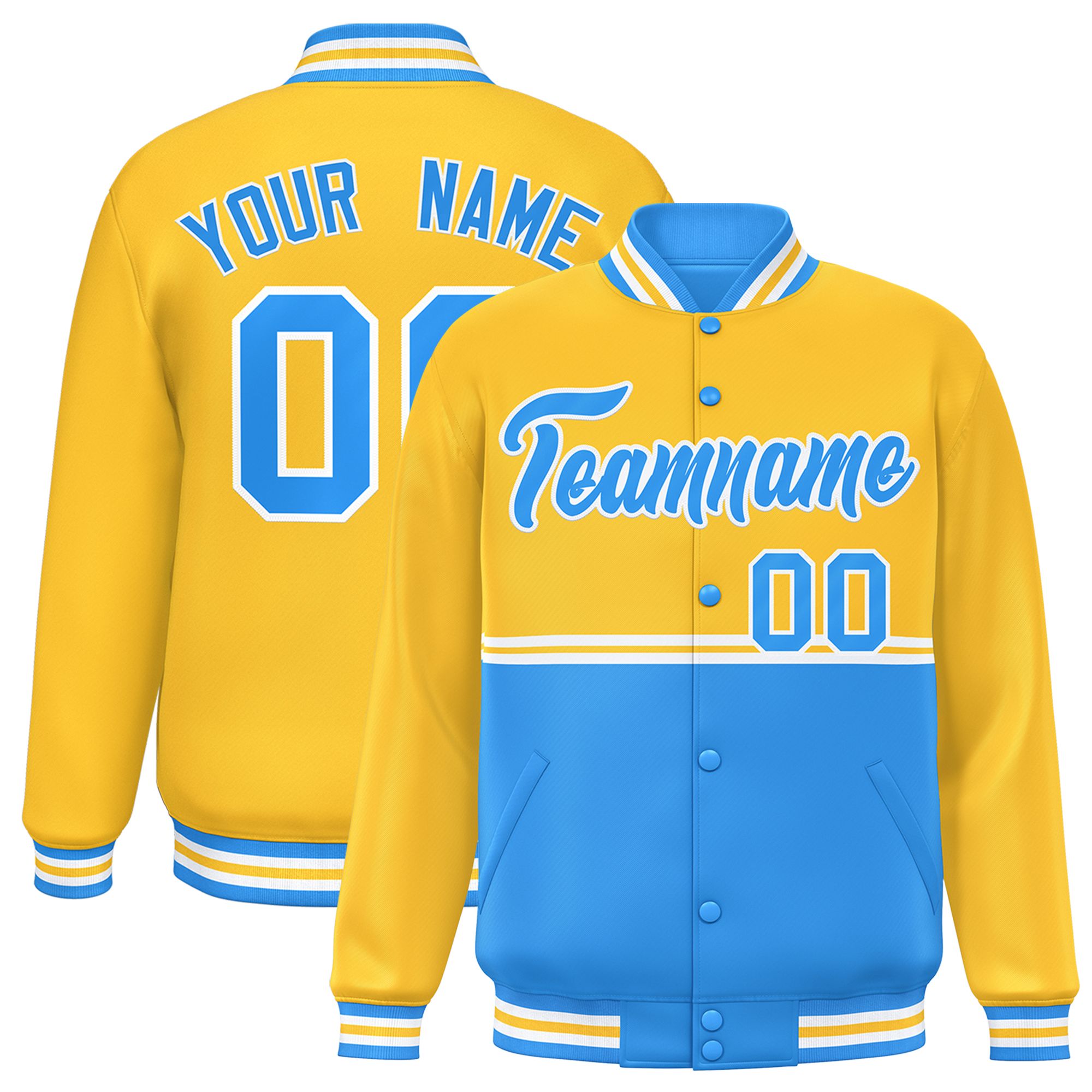 Custom Gold Powder Blue Varsity Full-Snap Color Block Letterman Jacket