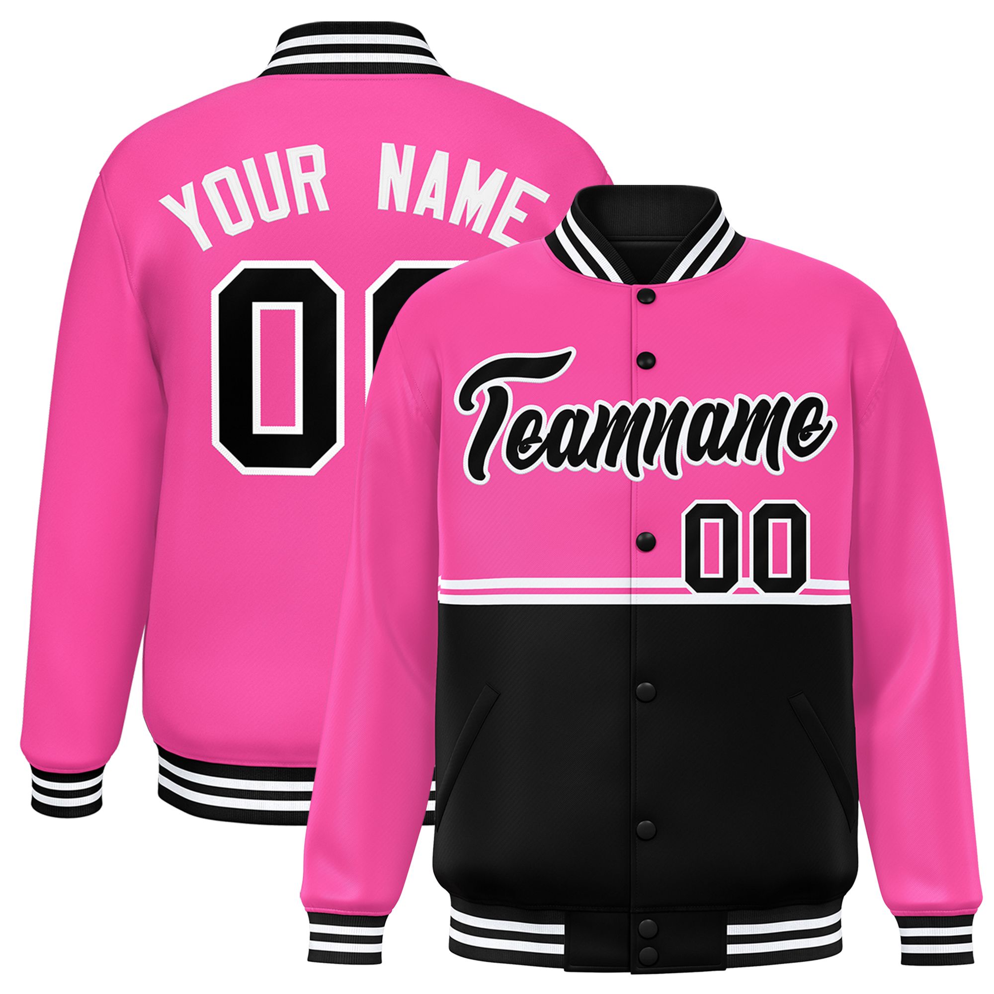 Custom Pink Black Varsity Full-Snap Color Block Letterman Jacket