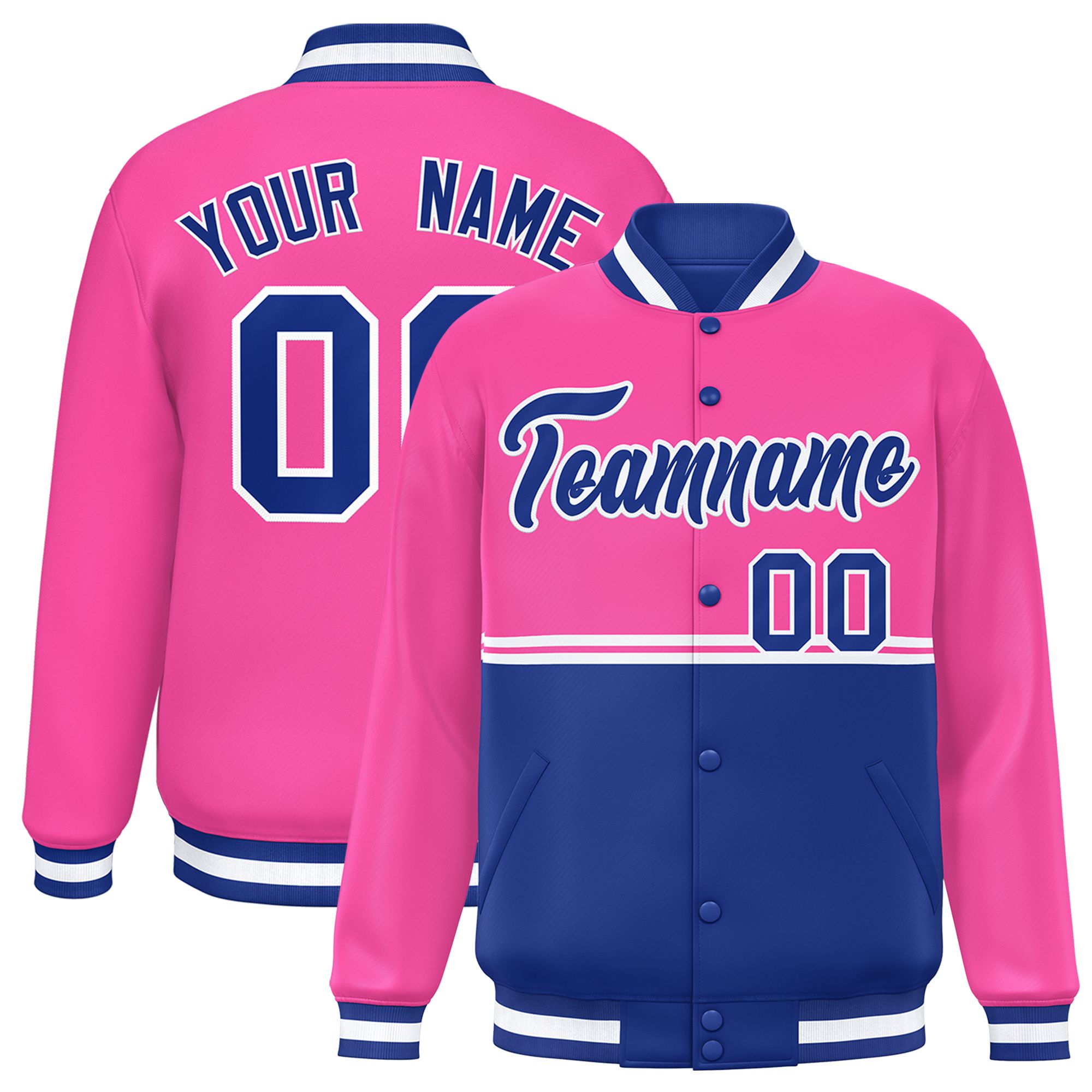 Custom Pink Royal Varsity Full-Snap Color Block Letterman Jacket