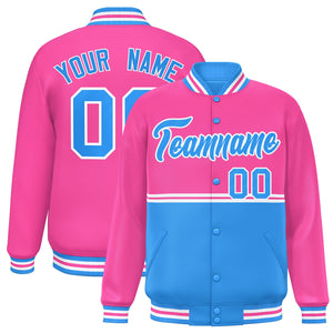 Custom Pink Powder Blue Varsity Full-Snap Color Block Letterman Jacket