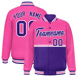 Custom Pink Purple Varsity Full-Snap Color Block Letterman Jacket