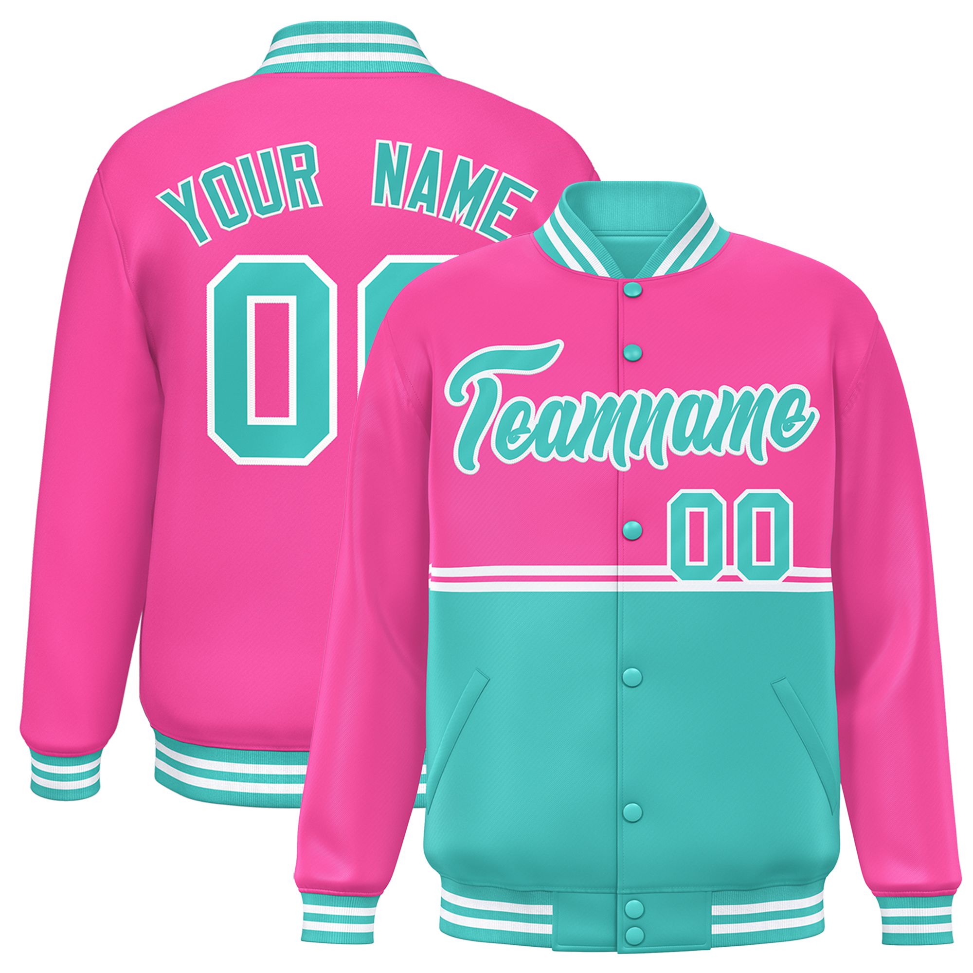 Custom Pink Bright Green Varsity Full-Snap Color Block Letterman Jacket