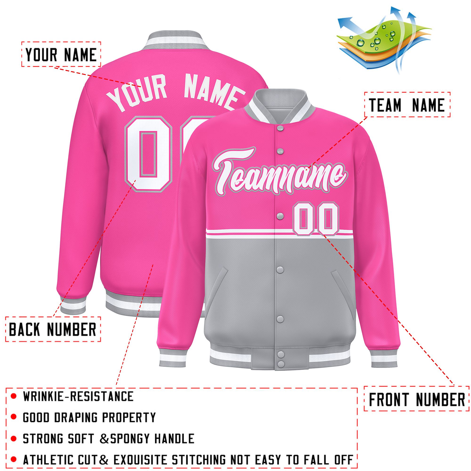 Custom Pink Gray Varsity Full-Snap Color Block Letterman Jacket