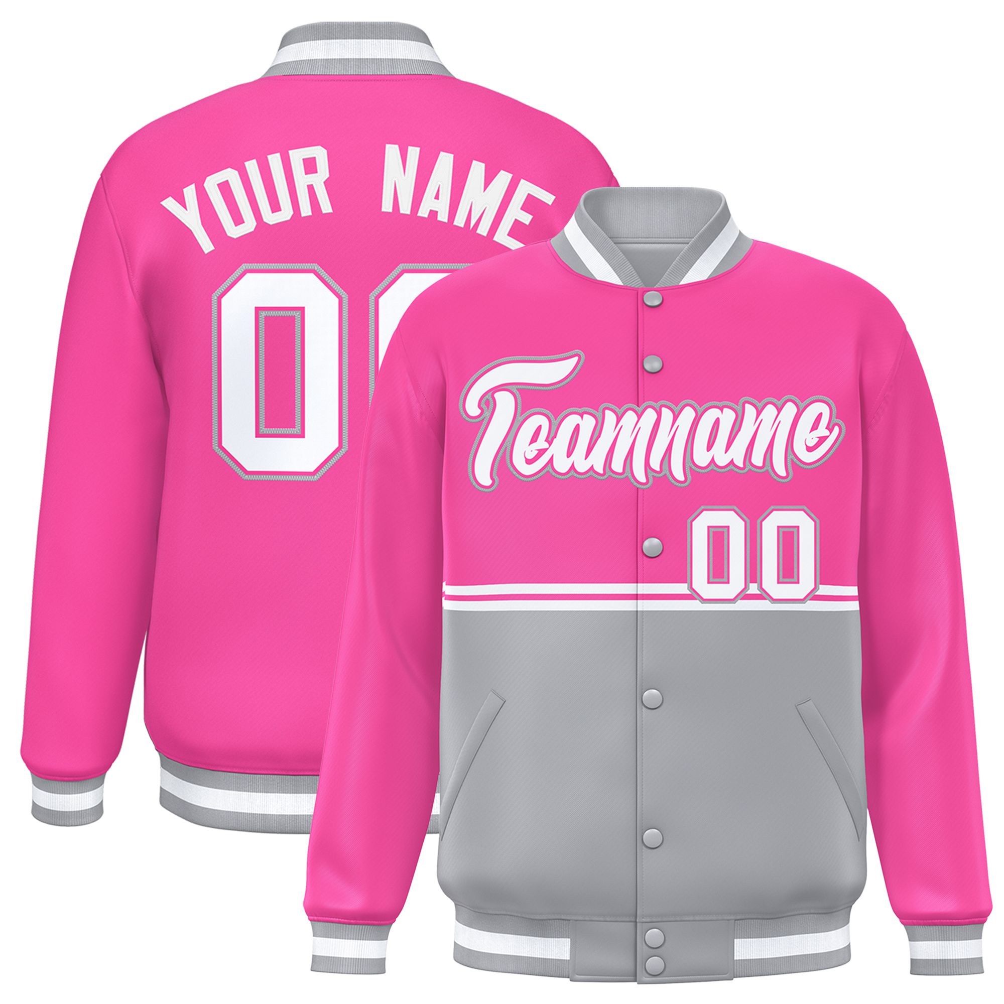 Custom Pink Gray Varsity Full-Snap Color Block Letterman Jacket