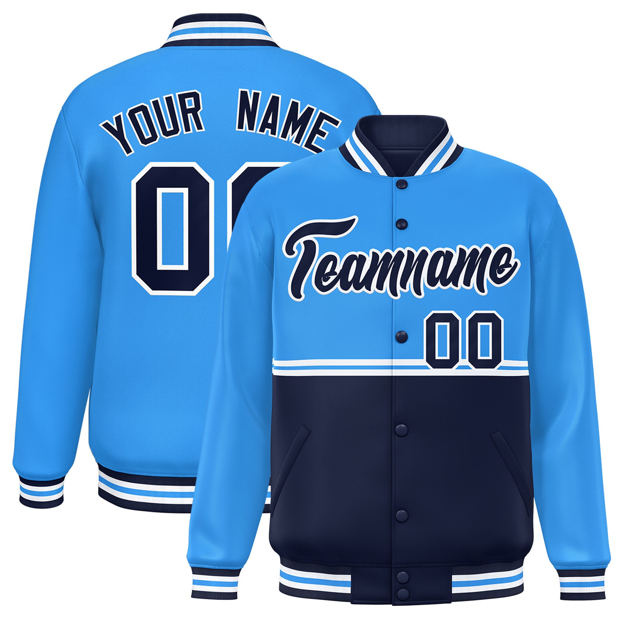 Custom Powder Blue Navy Varsity Full-Snap Color Block Letterman Jacket