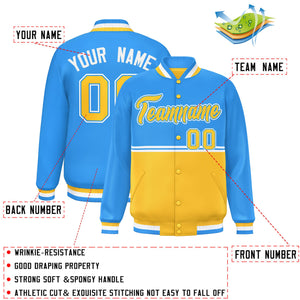 Custom Powder Blue Gold Varsity Full-Snap Color Block Letterman Jacket