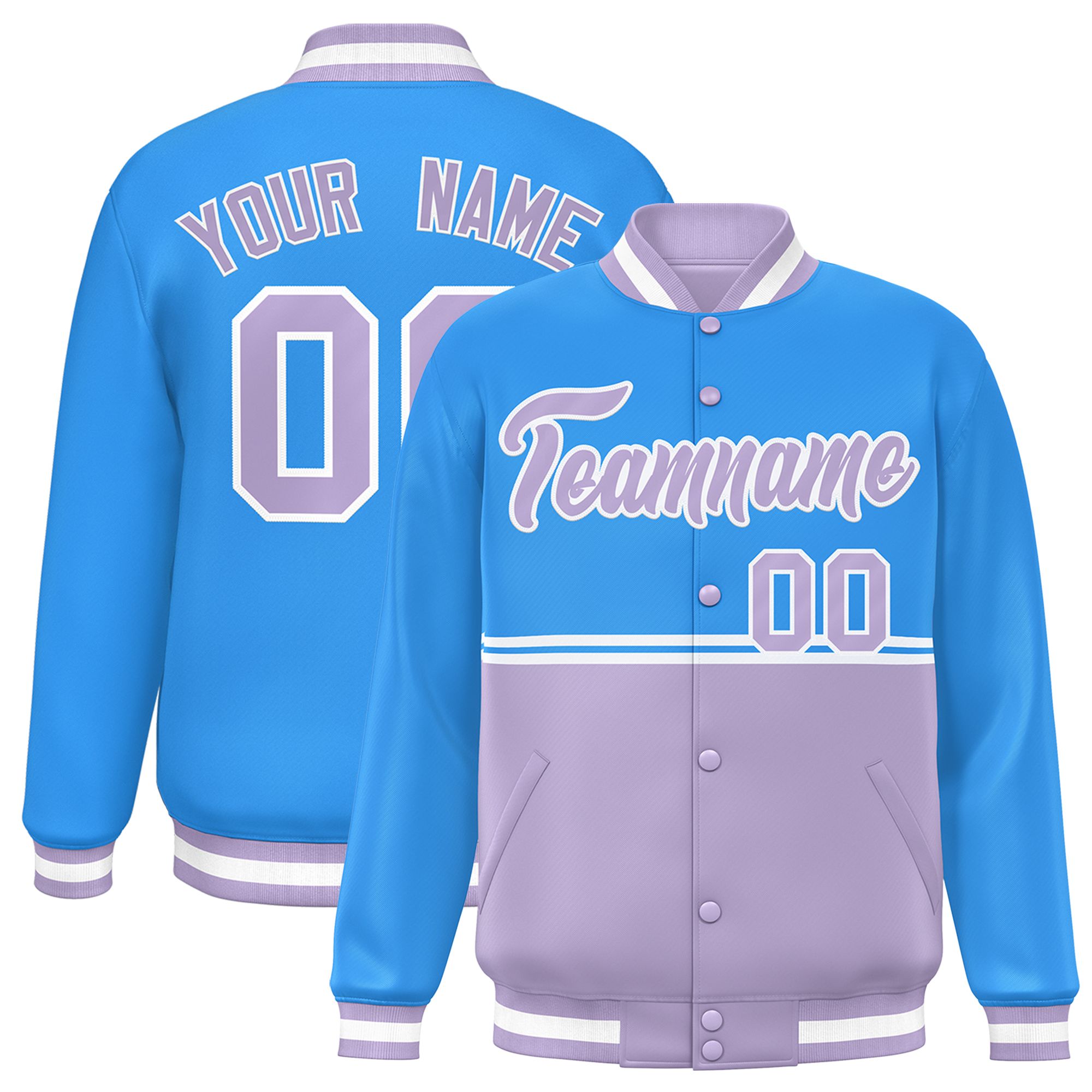 Custom Powder Blue Light Purple Varsity Full-Snap Color Block Letterman Jacket