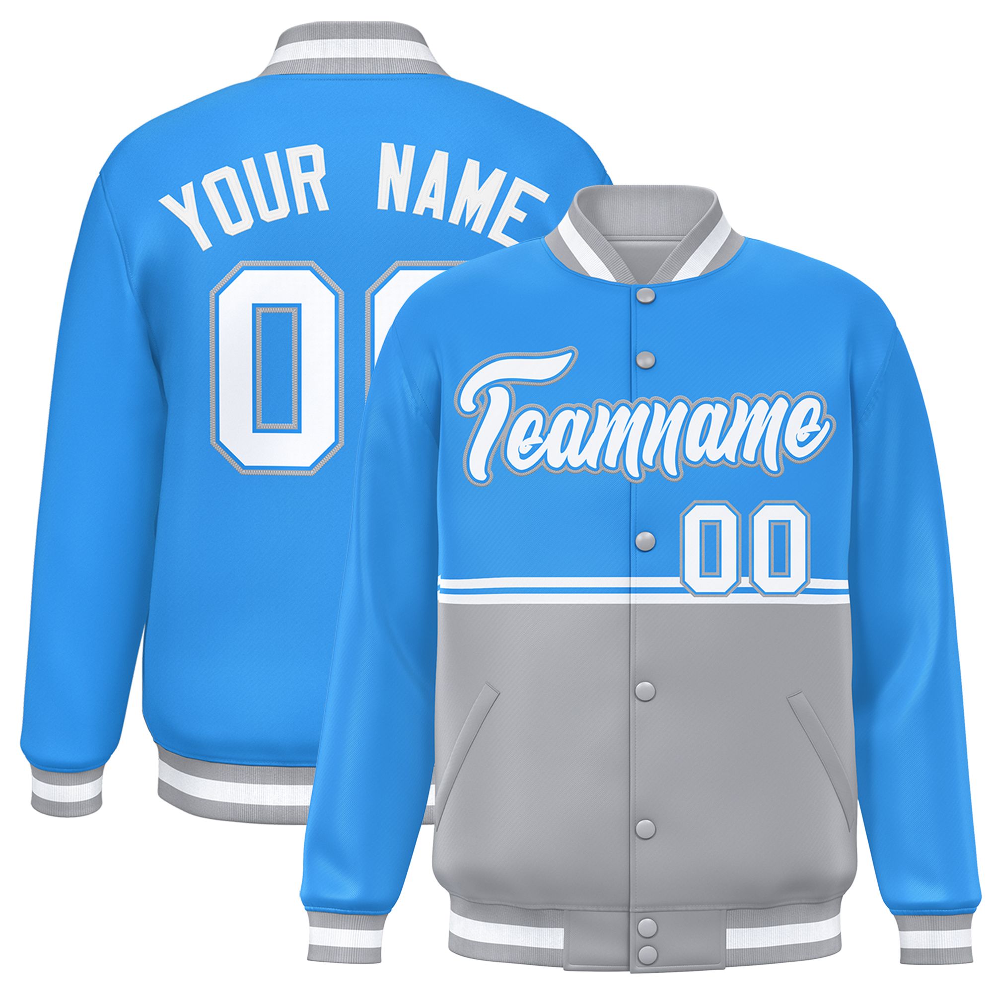 Custom Powder Blue Gray Varsity Full-Snap Color Block Letterman Jacket